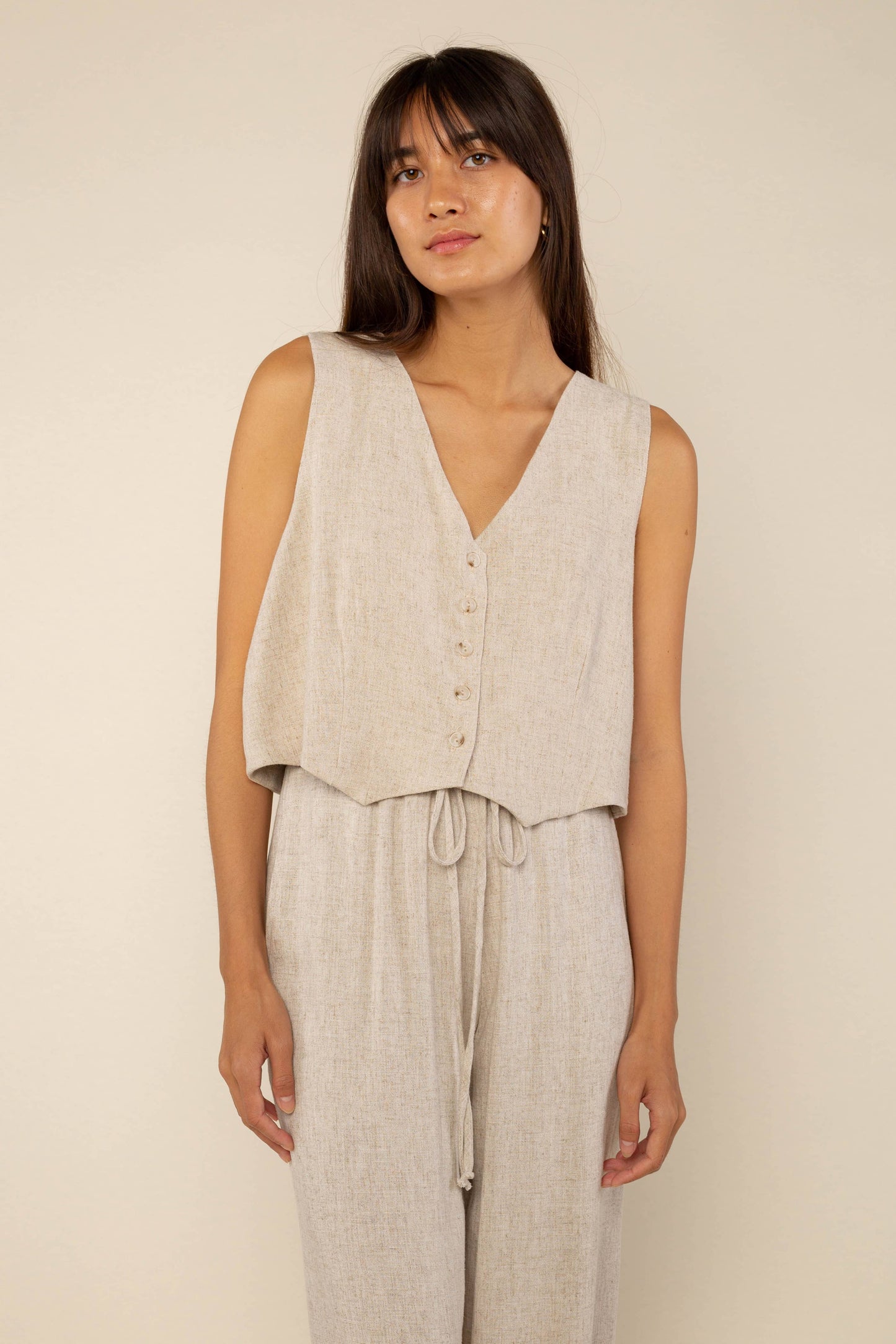 Linen Vest | Sleeveless Woven Button Up