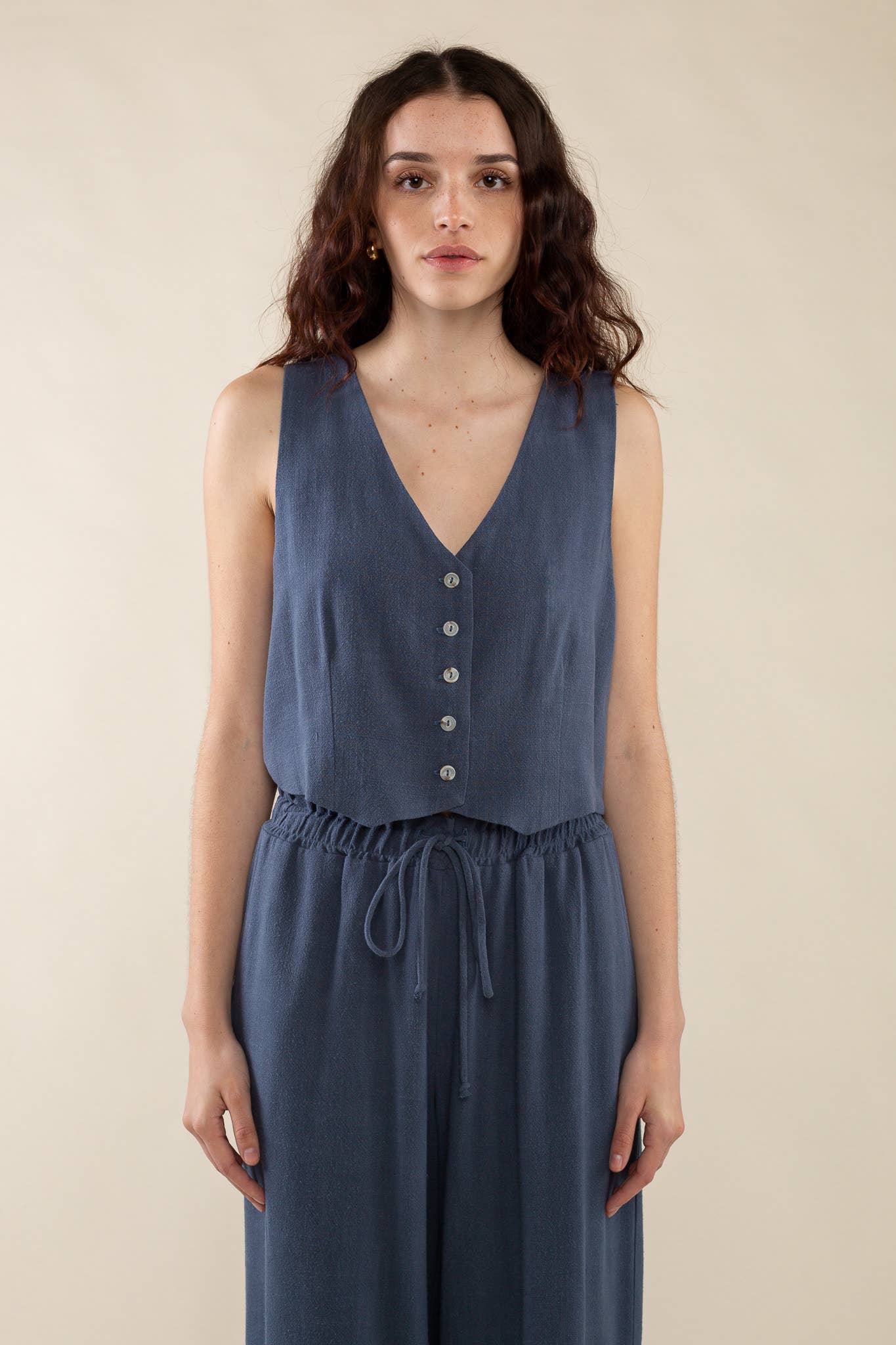 Linen Vest | Sleeveless Woven Button Up