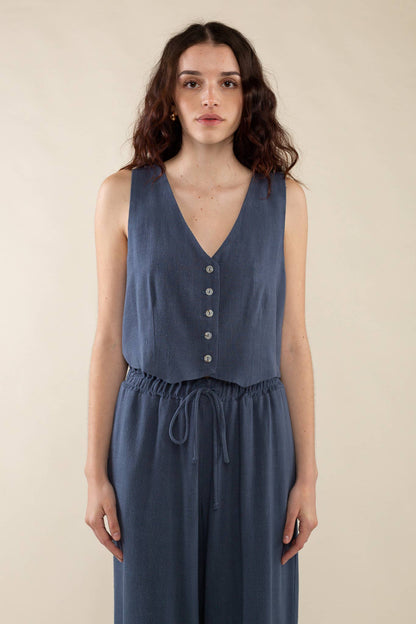 Linen Vest | Sleeveless Woven Button Up