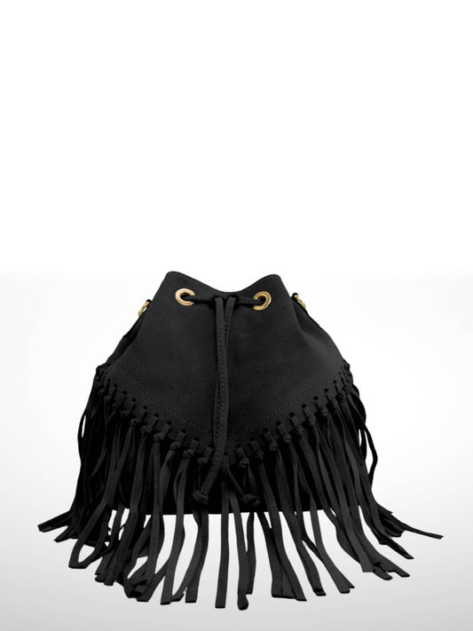 Emanuela Suede Fringe Bag - Black