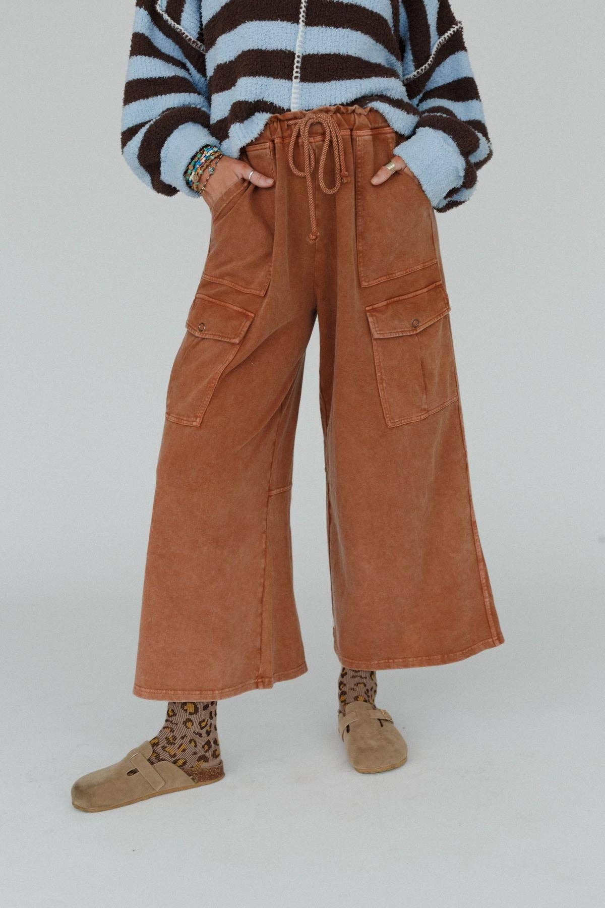 Cargo Cascade Wide Leg Pants - Copper